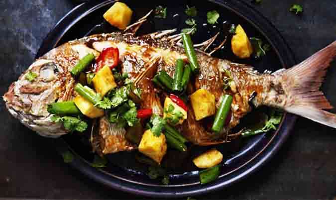 Deep Fried Whole Barramundi Fish Topped with Sweet & Sour Sauce
