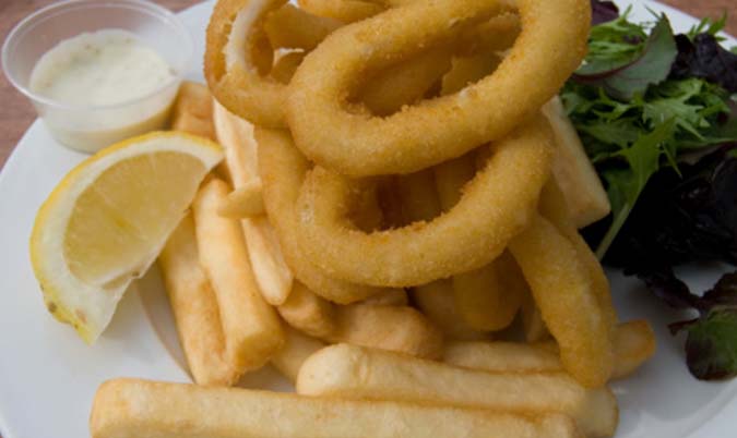 Calamari with Chips & a can of Drink