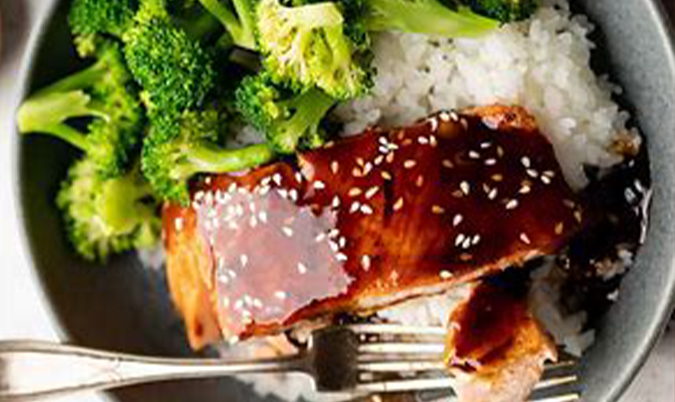 Grill Salmon With Teriyaki Sauce On Steam Rice