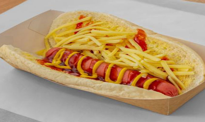 Classic Hot Dog with tomato sauce, french mustard & cheese