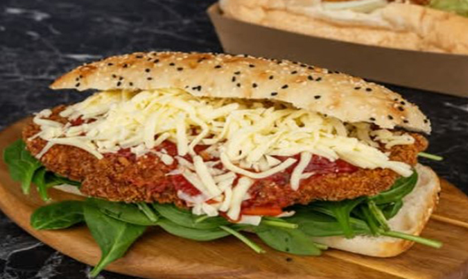 Chicken Schnitzel, Bacon and Cheese Turkish Bread