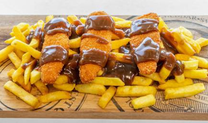 Chicken tender with chips and gravy