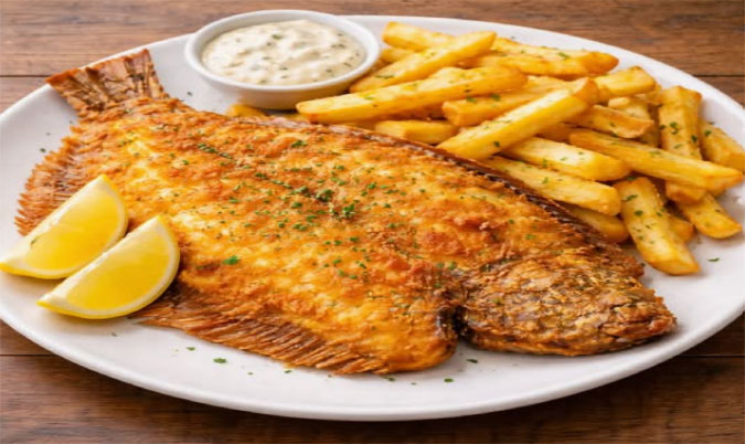 Salt and pepper flounder with chips