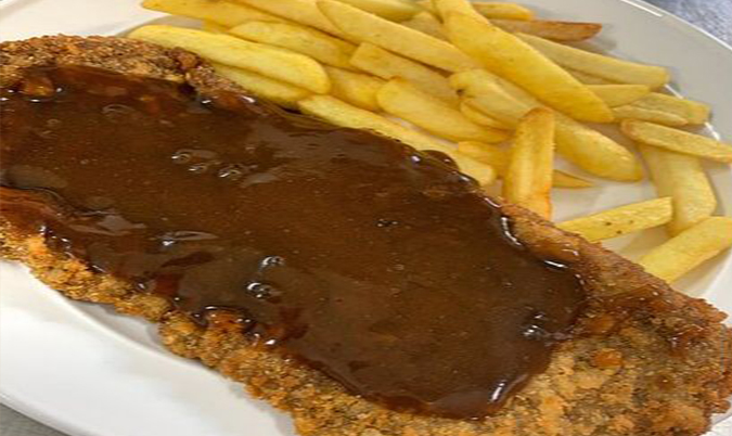Beef Schnitzel with Chips and Gravy