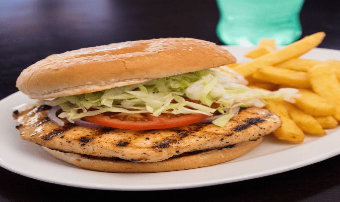 chicken burger, chips & drink