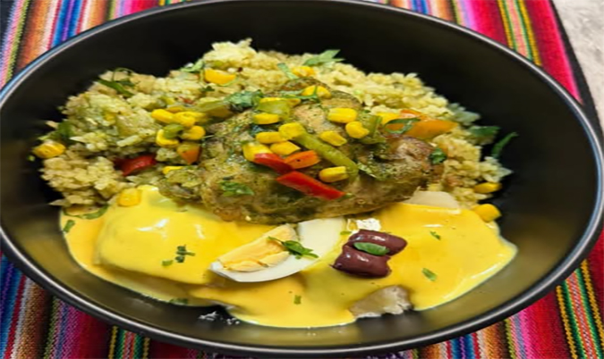 Arroz con pollo with papa huancaina