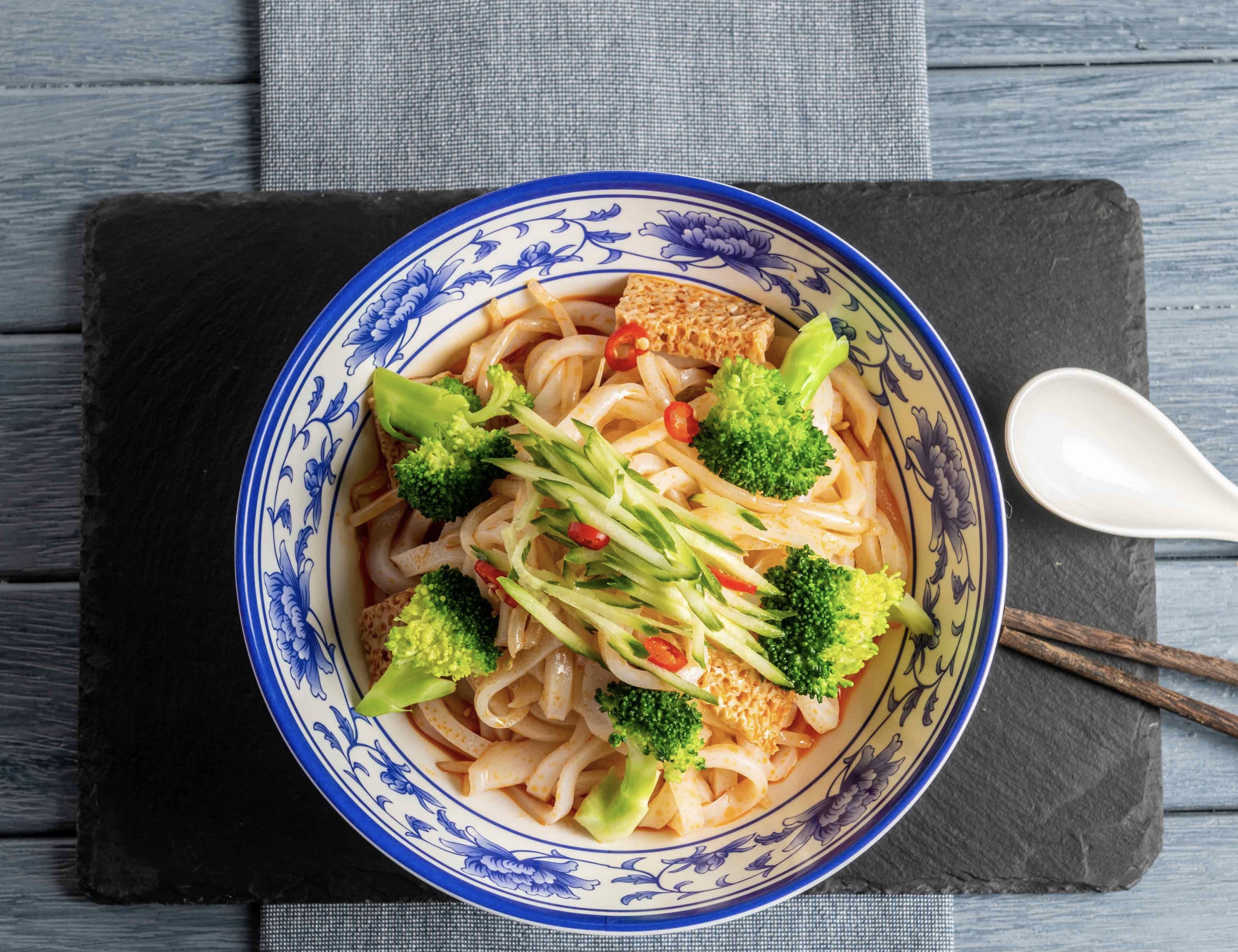 Special Cold Skin Noodles with Broccoli and Fresh Chilli
